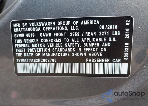 2017 Volkswagen Passat 1.8T S z USA, uszkodzony, nr VIN 1VWAT7A32HC008766